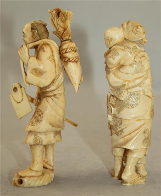 Three Japanese ivory groups of figures, early 20th century, 22cm., latter with wood stand